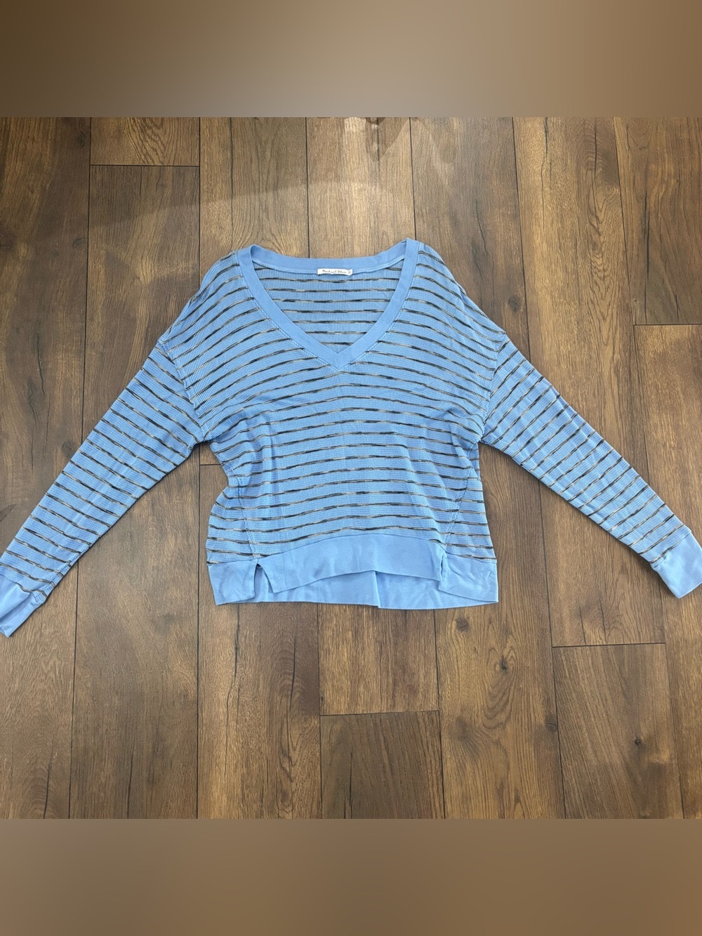 Michael Stars Blue Grey Stripe Waffle Knit Thermal V Neck Long Sleeve Shirt